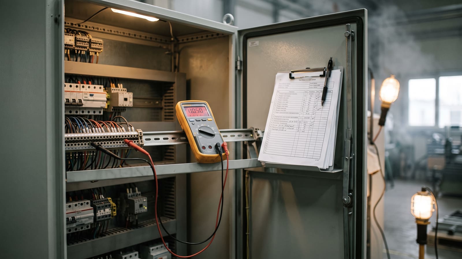 A multimeter and test leads on a terminal rail during commissioning