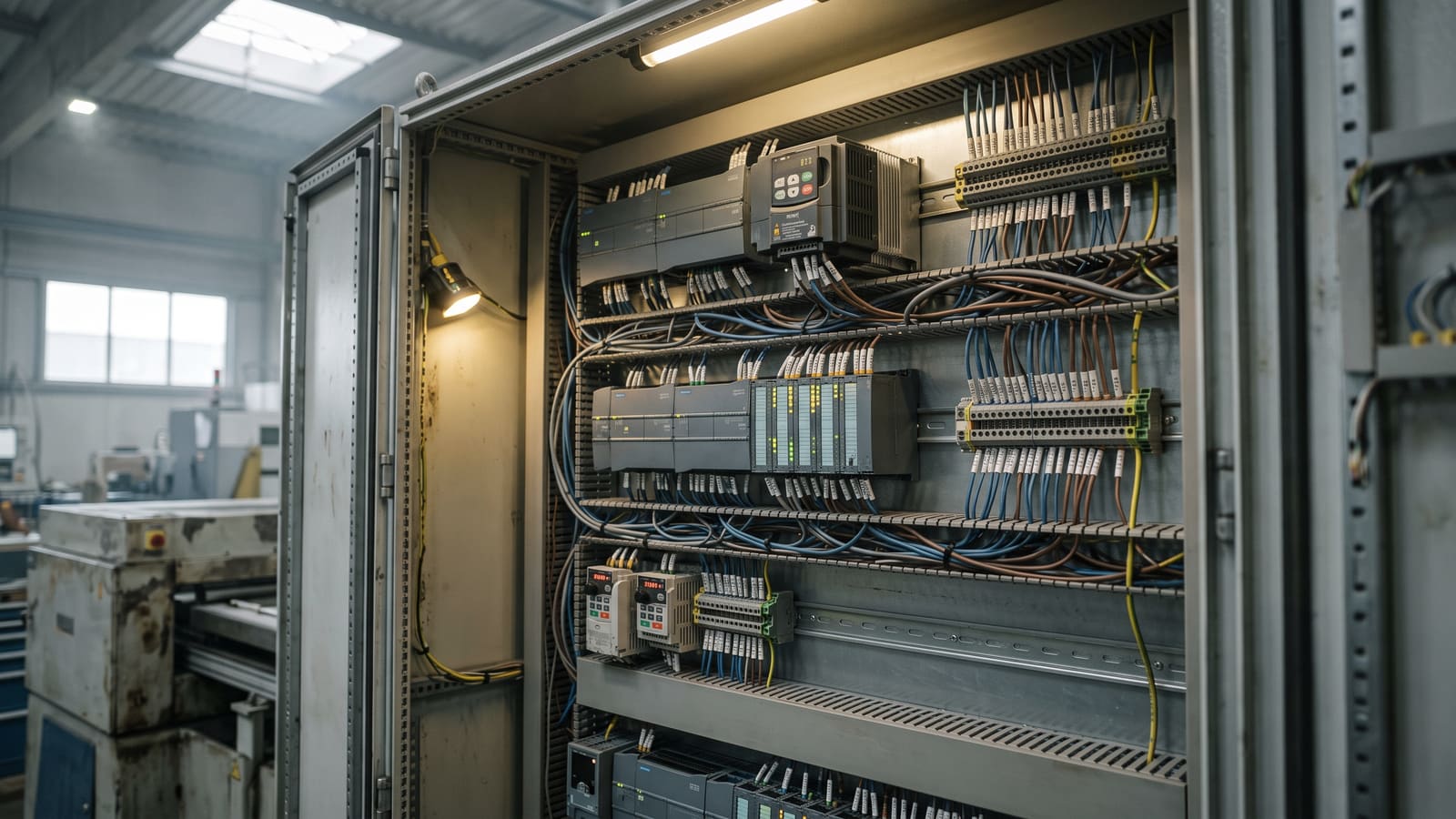 Blick in einen Schaltschrank: SPS-I/O-Module, Umrichter und beschriftete Steuerverdrahtung